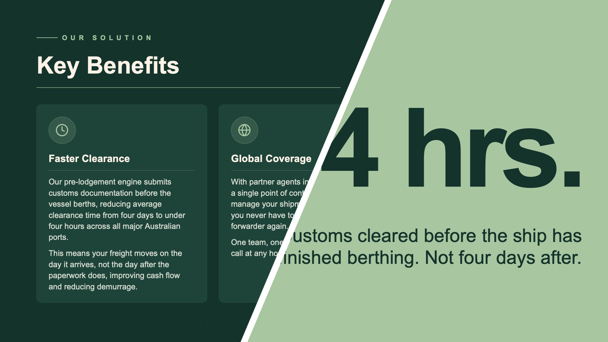 Two versions of the same slide for a fictional freight company. On the left, an AI-built slide with an eyebrow label, rules under every heading, three identical cards and the full talk track. On the right, one large number and one sentence.