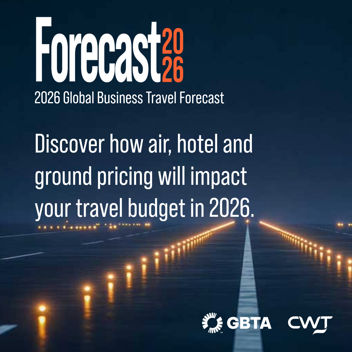 Forecast 2026 launch tile: night runway with warm orange lights.